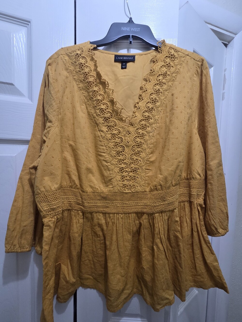 Lane Bruant Mustard Crochet-Trim V-Neck Peplum Top Sz 2X